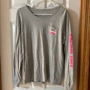 Vineyard Vines Gray Long Sleeve Tee with Pink Logo and Sleeve Text Size L